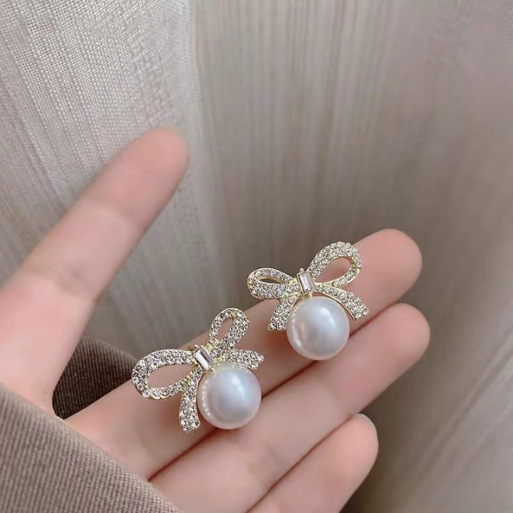 Bow Knot Pearl Earrings with Zircon – Korean Style | Elegant Silver & Golden Finish (PJX-113) Decent Vibes