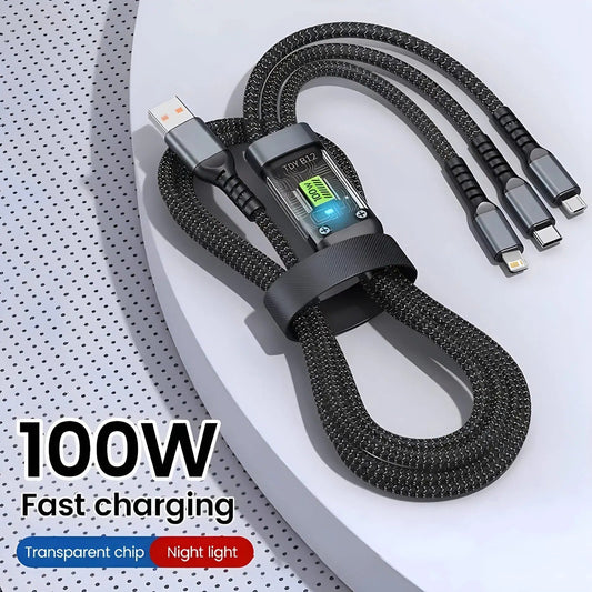 100W 5A Fast Charging 3-in-1 USB Cable – Type-C, Micro USB & Lightning Connectors | Durable Multi Charging Cable Decent Vibes
