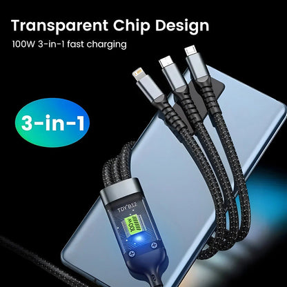 100W 5A Fast Charging 3-in-1 USB Cable – Type-C, Micro USB & Lightning Connectors | Durable Multi Charging Cable Decent Vibes