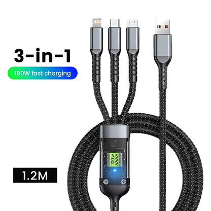 100W 5A Fast Charging 3-in-1 USB Cable – Type-C, Micro USB & Lightning Connectors | Durable Multi Charging Cable Decent Vibes