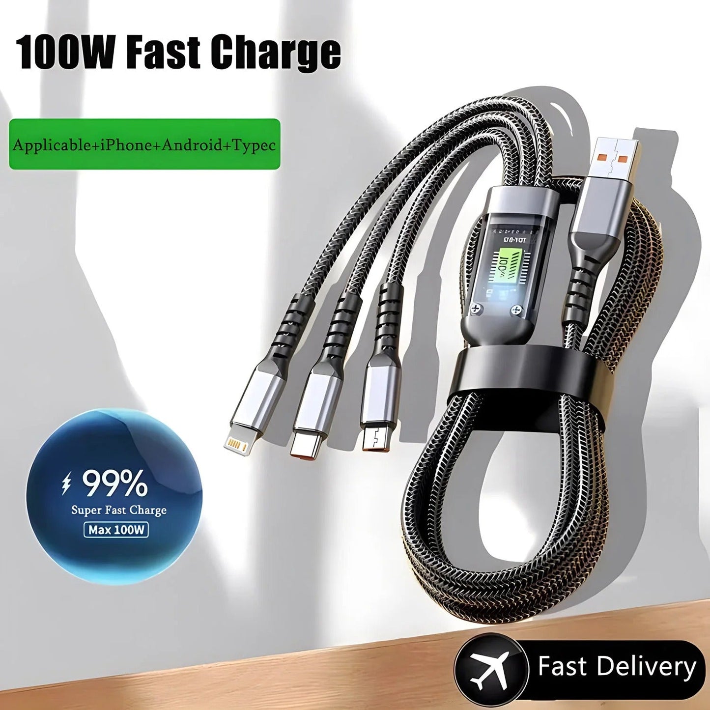 100W 5A Fast Charging 3-in-1 USB Cable – Type-C, Micro USB & Lightning Connectors | Durable Multi Charging Cable Decent Vibes