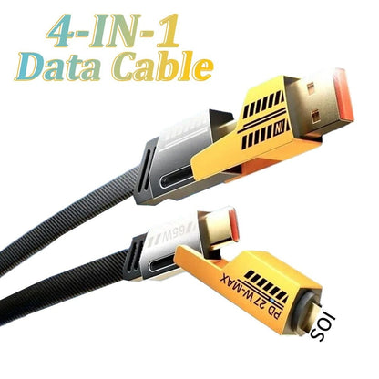 4 in 1 Data Cable – USB-C & Lightning | Durable Braided Fast Charging & Data Transfer Cable (Black with Yellow Connectors) Decent Vibes