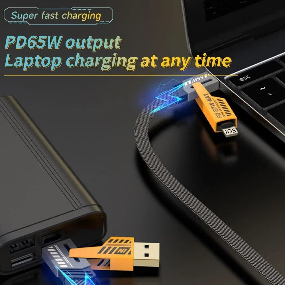 4 in 1 Data Cable – USB-C & Lightning | Durable Braided Fast Charging & Data Transfer Cable (Black with Yellow Connectors) Decent Vibes