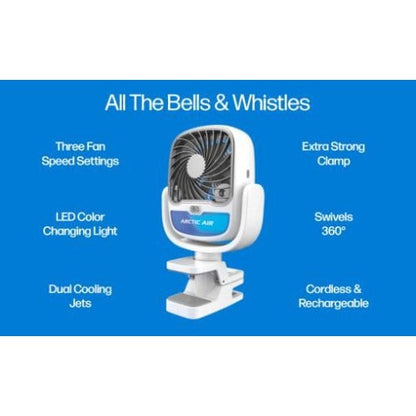 Arctic Air Portable Fan with Universal Clamp – 3 Speed, Cordless, 360° Swivel Decent Vibes