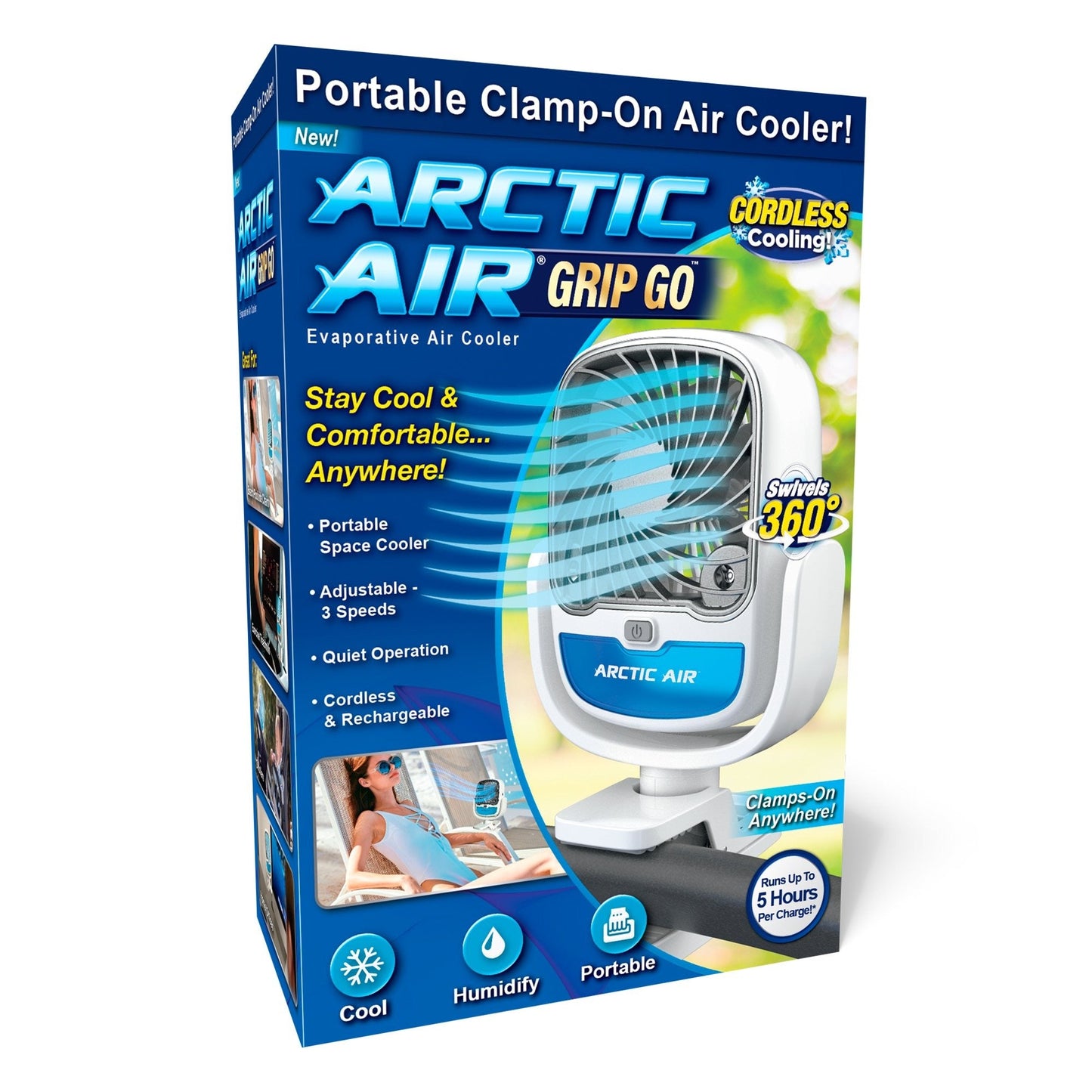 Arctic Air Portable Fan with Universal Clamp – 3 Speed, Cordless, 360° Swivel Decent Vibes