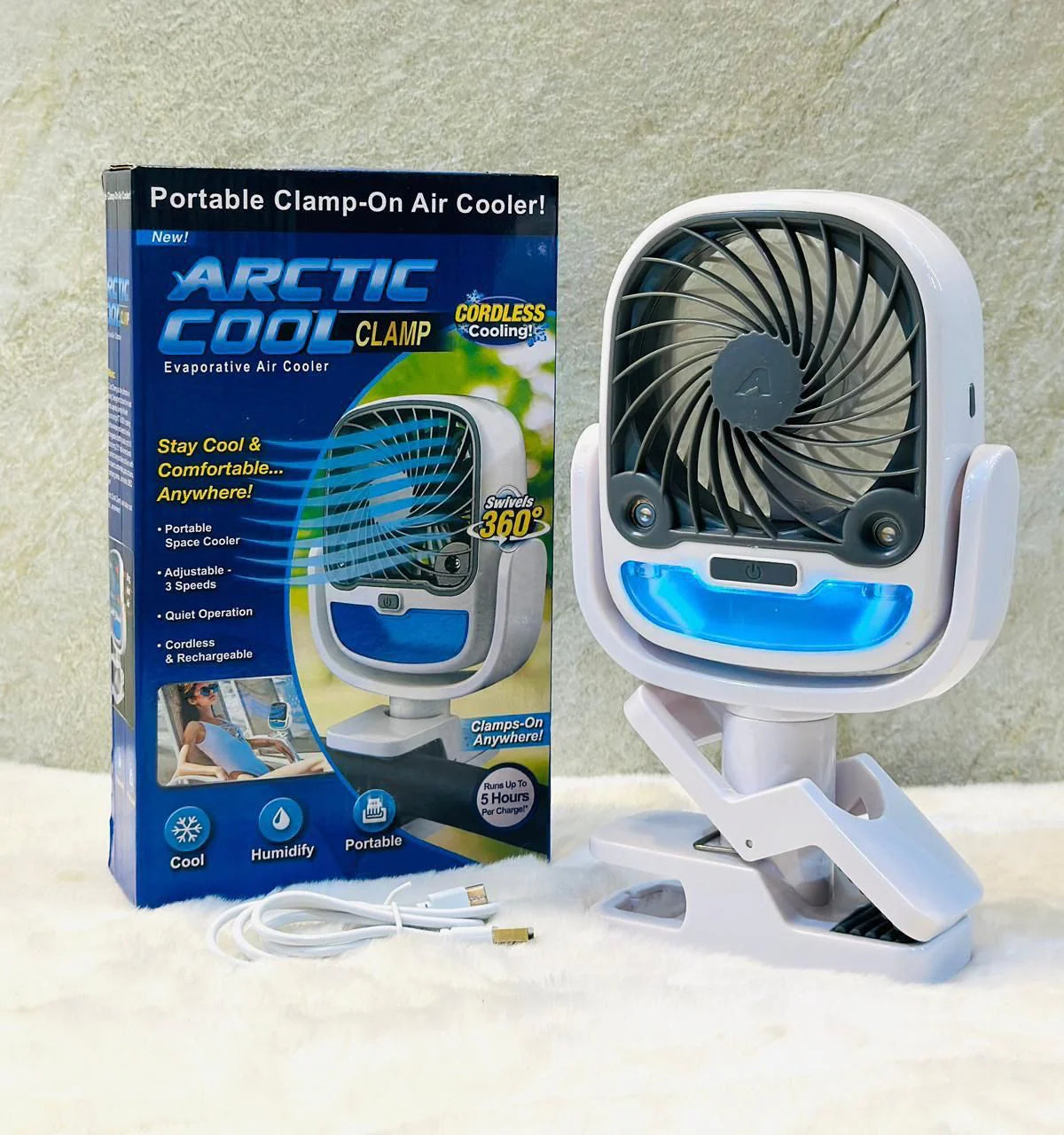 Arctic Air Portable Fan with Universal Clamp – 3 Speed, Cordless, 360° Swivel Decent Vibes