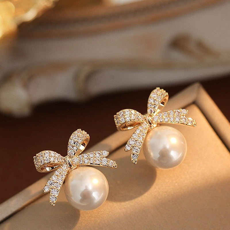 Bow Knot Pearl Earrings with Zircon – Korean Style | Elegant Silver & Golden Finish (PJX-113) Decent Vibes