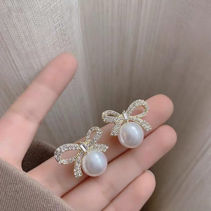 Bow Knot Pearl Earrings with Zircon – Korean Style | Elegant Silver & Golden Finish (PJX-113) Decent Vibes