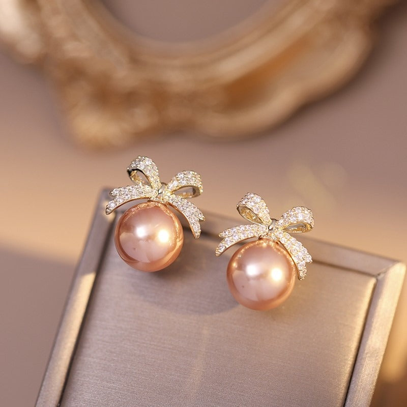 Bow Knot Pearl Earrings with Zircon – Korean Style | Elegant Silver & Golden Finish (PJX-113) Decent Vibes