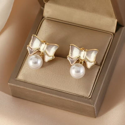 Bow Knot Pearl Earrings with Zircon – Korean Style | Elegant Silver & Golden Finish (PJX-113) Decent Vibes