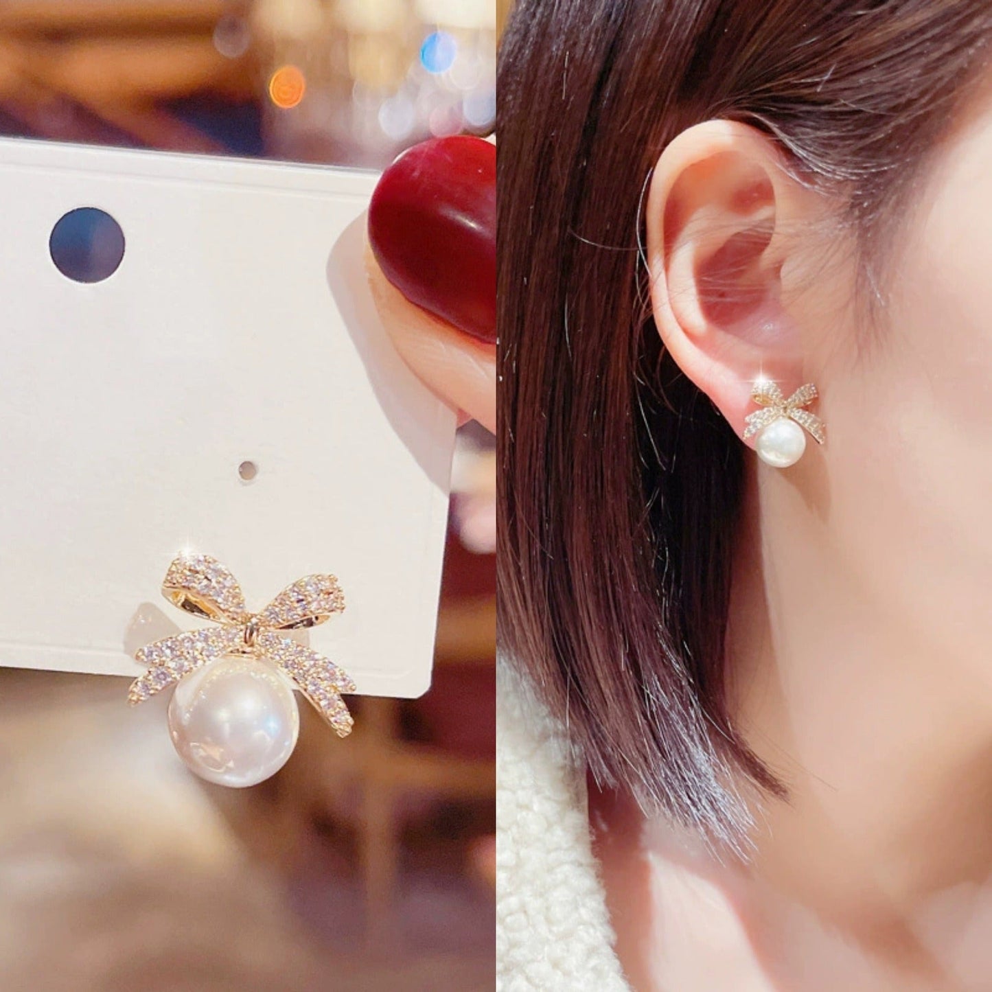 Bow Knot Pearl Earrings with Zircon – Korean Style | Elegant Silver & Golden Finish (PJX-113) Decent Vibes