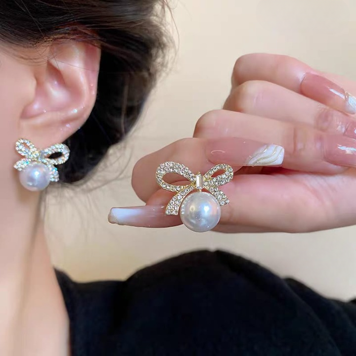 Bow Knot Pearl Earrings with Zircon – Korean Style | Elegant Silver & Golden Finish (PJX-113) Decent Vibes