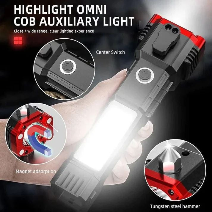 High-Power LED Torch Light – Rechargeable Flashlight with Tactical Hammer & Power Bank (With Box) Decent Vibes