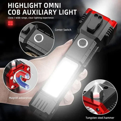 High-Power LED Torch Light – Rechargeable Flashlight with Tactical Hammer & Power Bank (With Box) Decent Vibes