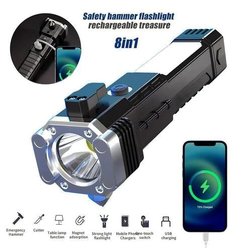 High-Power LED Torch Light – Rechargeable Flashlight with Tactical Hammer & Power Bank (With Box) Decent Vibes