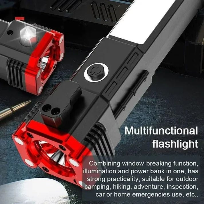 High-Power LED Torch Light – Rechargeable Flashlight with Tactical Hammer & Power Bank (With Box) Decent Vibes