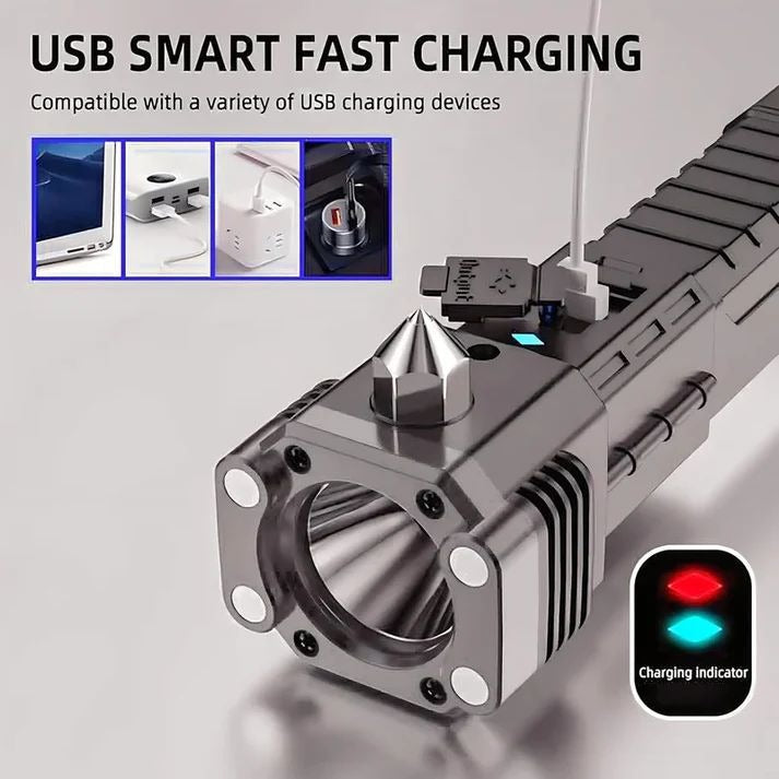 High-Power LED Torch Light – Rechargeable Flashlight with Tactical Hammer & Power Bank (With Box) Decent Vibes